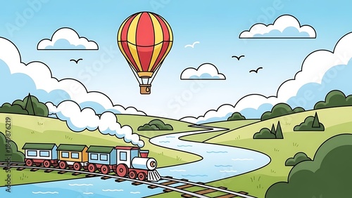Colorful Cartoon Scene of a Train and Hot Air Balloon in a Vibrant Landscape