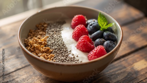Healthy breakfast bowl with Greek yogurt, granola, fresh raspberries, blueberries, and chia seeds on a rustic wooden table.