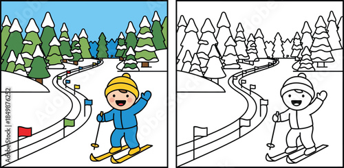 Happy Cartoon Skier on Slalom Course in Snowy Forest