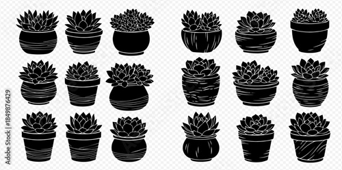 Set of various potted succulent plants in black silhouette, perfect for home decor and garden themes.