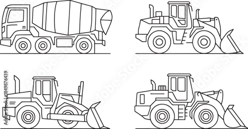 Construction Vehicles Line Icons Set – Dump Truck, Cement Mixer, Loader and Transport Truck Outline Illustration