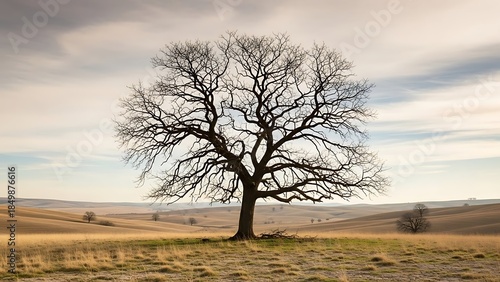 Bare Tree on Rolling Golden Hills Under a Soft Cloudy Sky