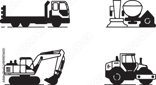 Construction Vehicles Line Icons Set – Dump Truck, Cement Mixer, Loader and Transport Truck Outline Illustration