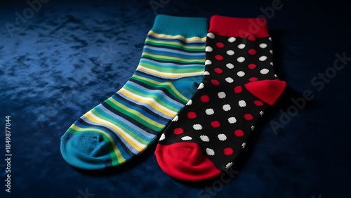 Colorful Striped and Polka Dot Socks on a Blue Textured Background