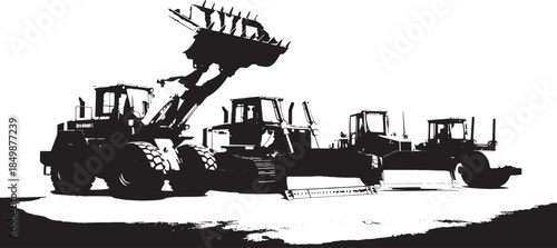 Construction Truck Fleet Illustration – Flatbed, Cargo, Crane and Dump Trucks in Black and White Line Art Style