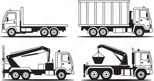 Construction Vehicles Line Icons Set – Dump Truck, Cement Mixer, Loader and Transport Truck Outline Illustration