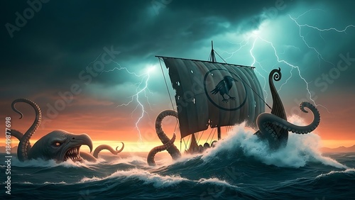 Viking Longship Battles a Massive Kraken Amidst a Dramatic Stormy Sea