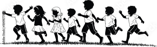 Children, silhouette, running, walking, group, outdoor, grass, casual, playful, movement, black, figures, energy, fun, activity, childhood, boys, girls, park, recreation