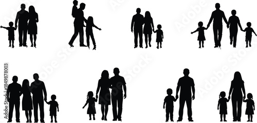Family, silhouette, people, children, adults, black, figures, pose, interaction, unity, parenting, group, standing, together, care, relationship, bonding, lifestyle, composition, connection