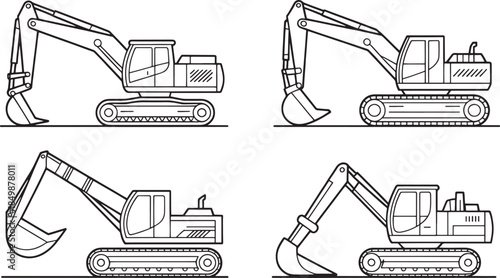 Construction Vehicles Line Icons Set – Dump Truck, Cement Mixer, Loader and Transport Truck Outline Illustration