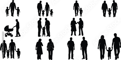 Family, silhouette, people, walking, children, adults, parenting, black, figures, stroller, interaction, couple, pose, care, together, relationship, motion, group, lifestyle, unity