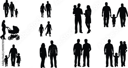 Family, silhouette, people, walking, children, adults, parenting, black, figures, stroller, interaction, couple, care, pose, together, relationship, motion, group, lifestyle, companionship