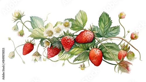 wild strawberry Hand-drawn illustration of strawberry with branches, strawberry vines plant isolated on white background