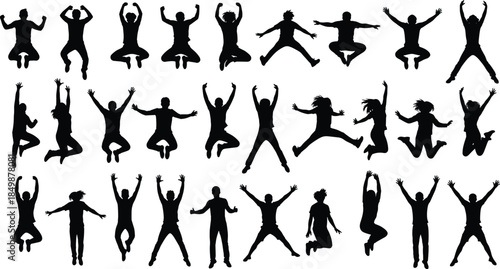 Jumping, silhouette, people, pose, black, figures, motion, energy, airborne, dynamic, activity, freedom, joy, movement, leap, action, athletic, expressive, group, body, style