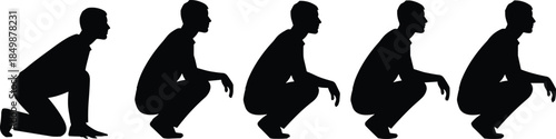 Silhouette, person, kneeling, squatting, posture, movement, transition, black, figure, biomechanics, exercise, motion, ergonomic, pose, physical, activity, sequence, balance, fitness, illustration