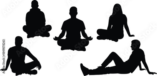 Silhouette, seated, meditation, people, posture, black, figures, mindfulness, relaxation, group, pose, calm, sitting, cross-legged, casual, interaction, balance, body language, peaceful, focus