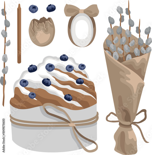 Hand-drawn Easter cake or cruffin, candle, Easter egg with a bow, blueberry and pussy willow branches collection
