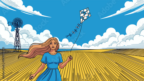A young woman with long blonde hair flies a kite in a vast yellow field under a blue sky with a windmill in the background.