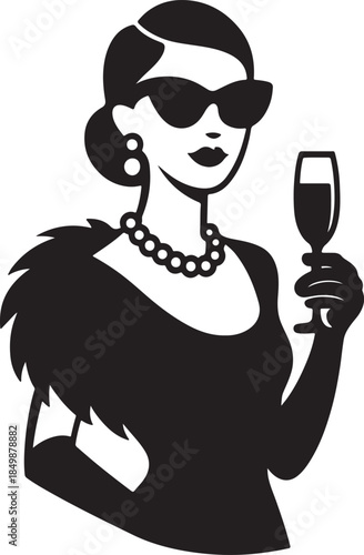 A glamorous woman with sunglasses and pearls holds a champagne glass at an elegant event