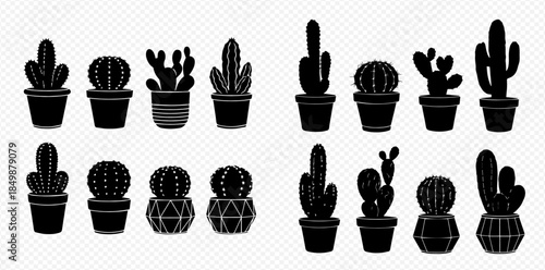 Collection of various potted cactus silhouettes, including different shapes and sizes of desert plants in pots.