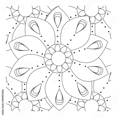Elegant floral mandala design with symmetrical patterns for coloring page