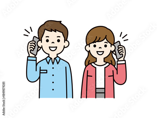 スマートフォンで話す・通話する、若い男性と女性の上半身ベクターイラスト素材セット＿カラー