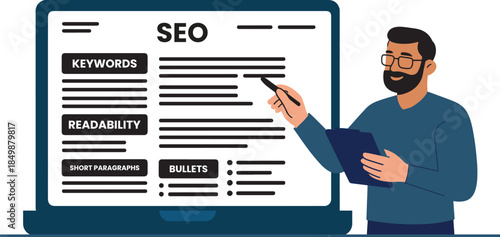 SEO Expert Explaining Content Optimization with Readability Keywords and Structure Vector Illustration