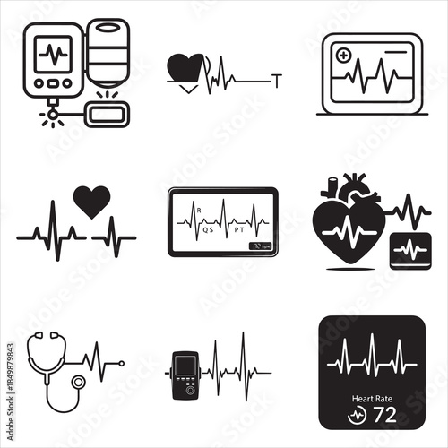 Medical ECG heartbeat display line art vector