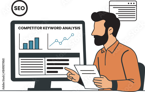 SEO Expert Performing Competitor Keyword Analysis for Digital Marketing Strategy Vector Illustration
