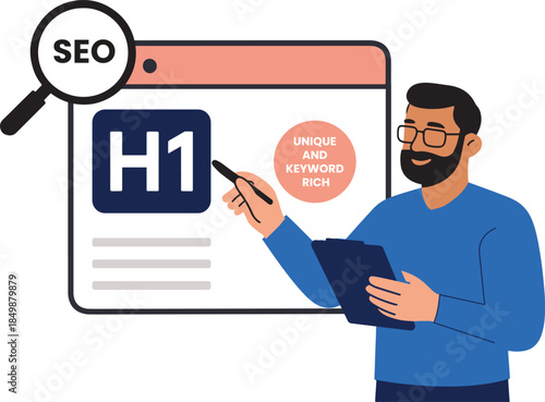 SEO Specialist Auditing H1 Heading Tag for On Page Keyword Optimization Vector Illustration