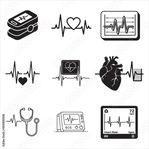 Hospital heartbeat monitor line art black medical vector