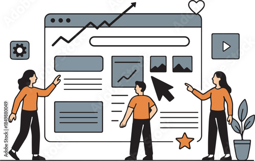 Team Collaborating on Website Redesign for UI UX and SEO Performance Flat Vector Illustration