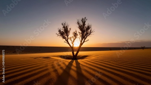 Fototapeta Naklejka Na Ścianę i Meble -  A solitary tree stands in the middle of a vast desert at sunset casting long shadows across the rippling sand dunes under a warm sky.