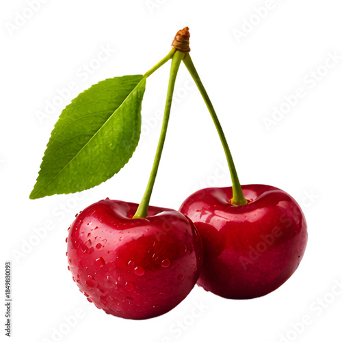 A close-up, studio shot of two ripe, glossy red cherries with water droplets, connected by their stems and a green leaf, against a white background