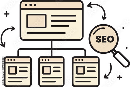 Technical SEO Site Structure Diagram with Website Pages and Search Icon Line Illustration