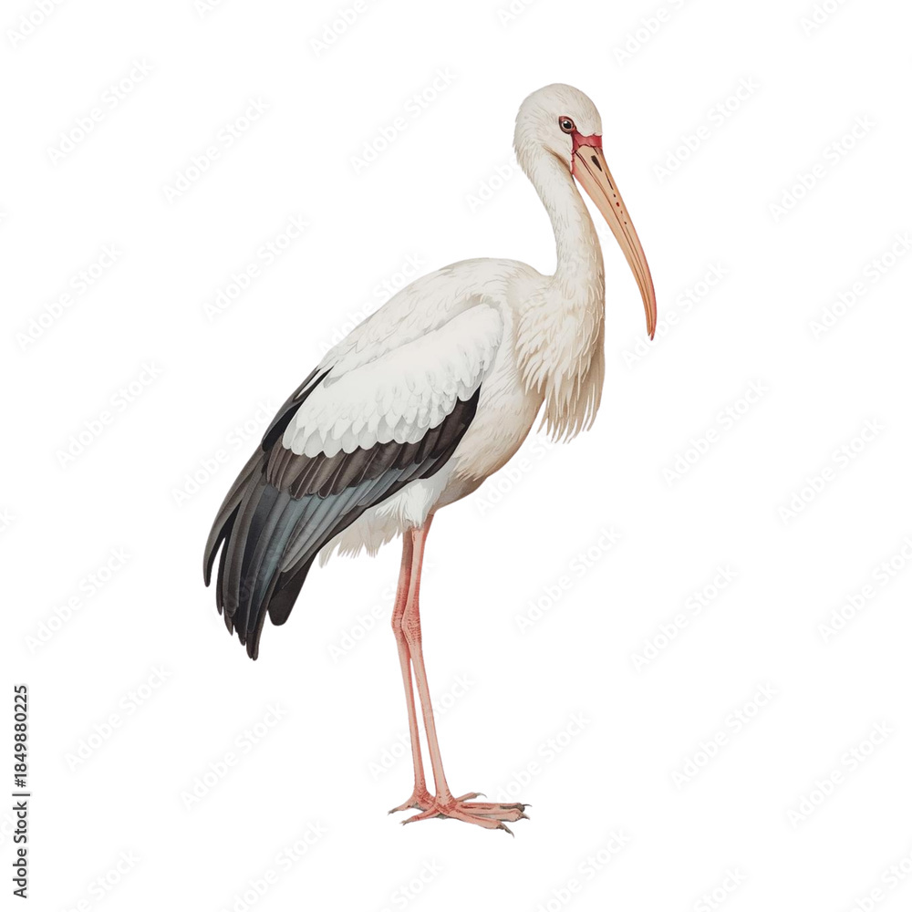 Fototapeta premium A detailed watercolor illustration of a white stork, showcasing its long legs, slender neck, and delicate feathers, standing upright. Isolated on a white background.