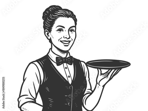 smiling female waiter in uniform holding an empty serving tray with confident posture sketch engraving generative ai fictional character vector illustration. Scratch board imitation. Black and white.