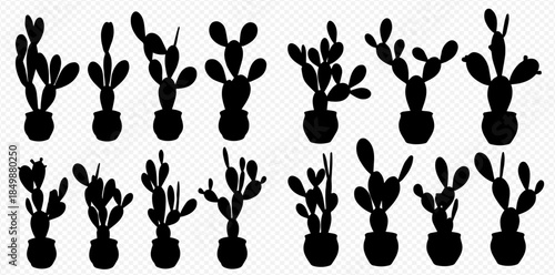 Set of potted cactus plant silhouettes, different shapes and sizes, perfect for desert-themed designs.