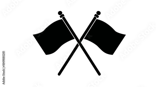 Two crossed black flags graphic icon on poles, simple vector silhouette illustration, waving banners symbol.