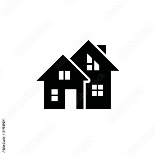 Simple Black and White Vector Icon of Two Houses, Home, Real Estate, Property, Neighborhood, or Residential Building Symbol