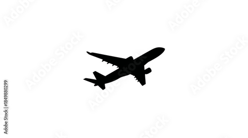 Commercial passenger airplane silhouette flying or taking off against a clean white background, symbolizing travel and aviation.