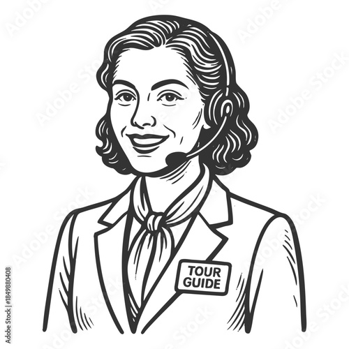 smiling female tour guide wearing a headset and name tag, dressed in professional attire sketch engraving generative ai fictional character vector illustration. Scratch board. Black and white image.