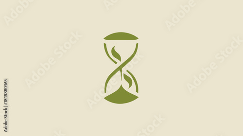 Eco-friendly hourglass icon with intertwining green leaves, symbolizing natural time, growth, sustainability, and environmental consciousness