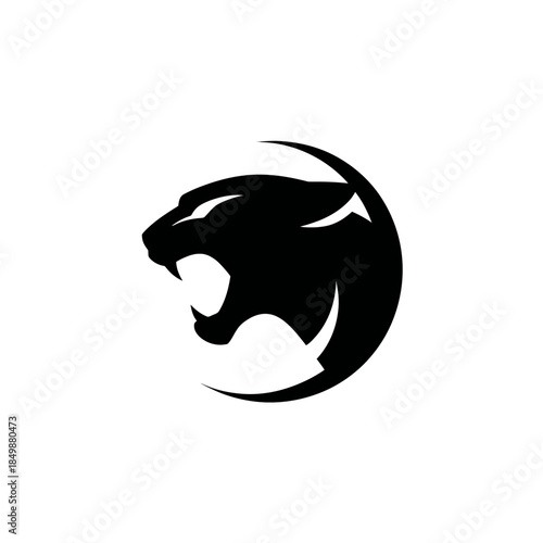 Fierce black panther head silhouette roaring, wild animal mascot logo icon, powerful big cat graphic design element