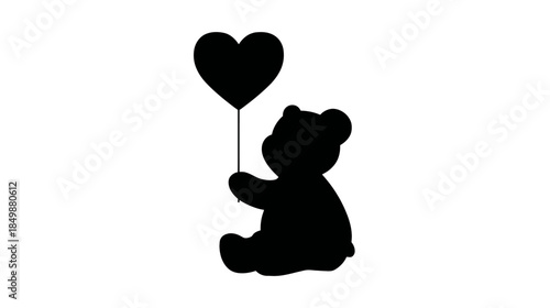 Adorable black silhouette of a teddy bear holding a heart-shaped balloon, symbolizing love, romance, and innocent affection.