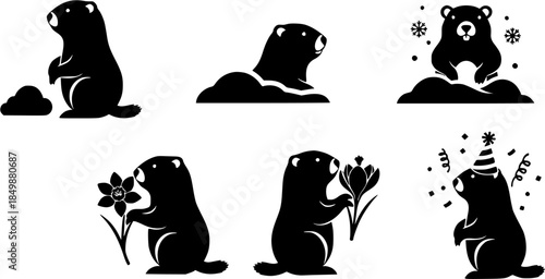 A Charming Collection of Groundhog Silhouettes Representing Spring Predictions, Hibernation, Seasonal Flowers, and Festive Party Celebrations.