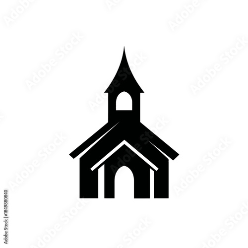 Minimalist black church icon with steeple, arched entrance, and pointed roof, symbolizing religion, faith, wedding, and community graphic.