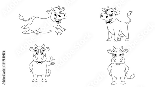 Simple Outline Cartoon Style Happy Cow Character Pose Illustration Set