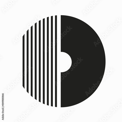 Abstract black and white geometric circle design with vertical stripes and central hole, minimalist graphic element