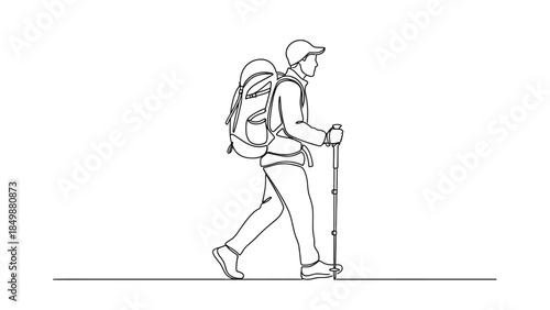 Hiker walking with trekking poles and backpack on a journey